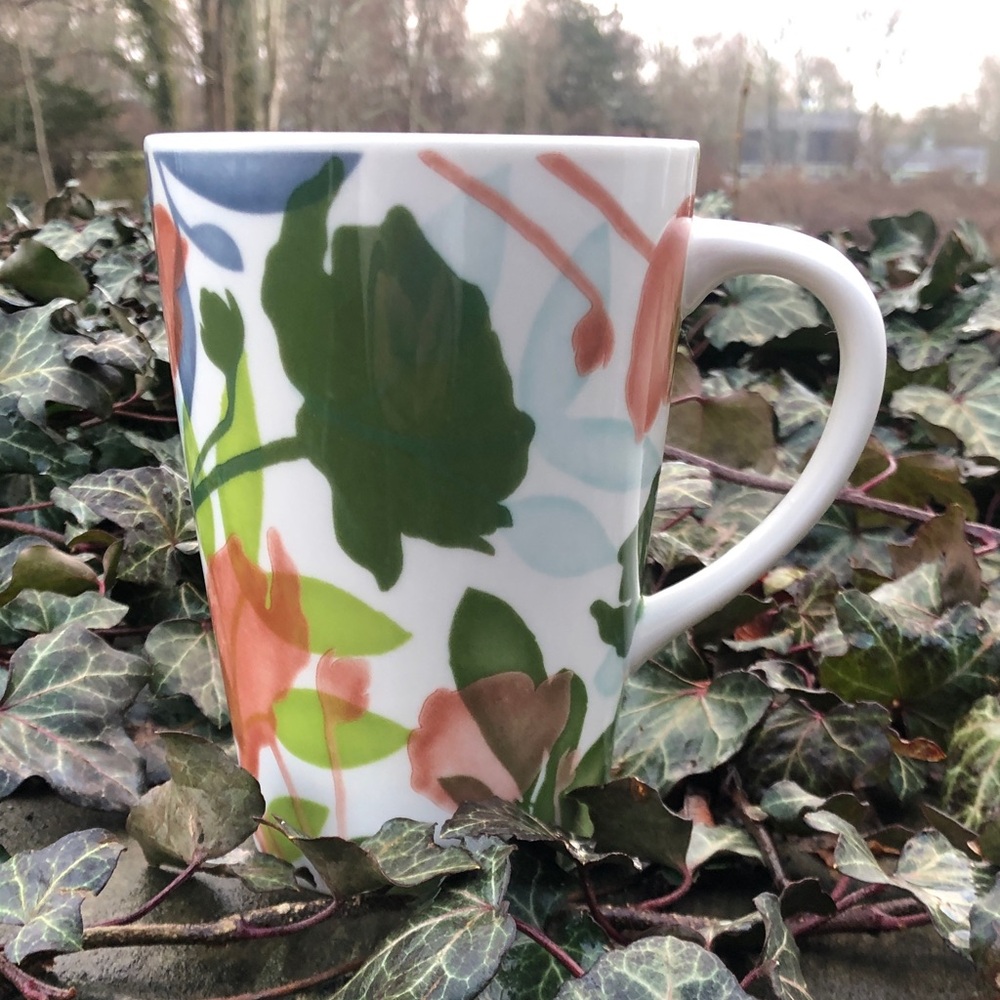 Starbucks Floral Mug with Green and Pink Accents